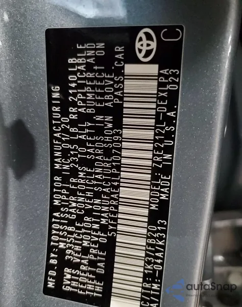 2020 Toyota Corolla Le из США, поврежденный, VIN 5YFEPRAE4LP107093